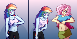 Size: 6500x3300 | Tagged: safe, artist:witchtaunter, character:fluttershy, character:rainbow dash, g4, my little pony:equestria girls, abs, adorasexy, belly, belly button, clothing, colored pupils, cute, duo, eye clipping through hair, eyebrows, eyebrows visible through hair, female, lidded eyes, miniskirt, muscles, muscleshy, sexy, shirt, shirt lift, shyabetes, skirt