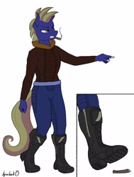 Size: 2650x3514 | Tagged: safe, artist:apocheck13, oc, oc only, species:anthro, species:earth pony, species:plantigrade anthro, species:pony, angry, boots, cigar, clothing, commission, explicit source, eyebrows, frown, jacket, lidded eyes, pants, pointing, shoes, simple background, smoking, solo, stomping, white background