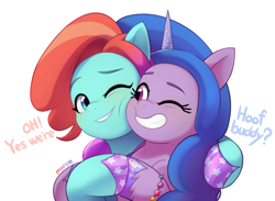 Size: 2931x2141 | Tagged: safe, alternate version, artist:maren, character:izzy moonbow, character:jazz, species:earth pony, species:pony, species:unicorn, g5, colored hooves, cute, dialogue, duo, duo female, eyebrows, eyelashes, female, females only, friendship bracelet, gradient hair, hooves, horn, hug, izzybetes, jazzabetes, mare, multicolored hair, nail polish, one eye closed, simple background, smiling, text, white background