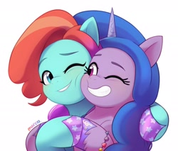 Size: 2518x2141 | Tagged: safe, alternate version, artist:maren, character:izzy moonbow, character:jazz, species:earth pony, species:pony, species:unicorn, g5, colored hooves, cute, duo, duo female, eyebrows, eyelashes, female, females only, friendship bracelet, gradient hair, hooves, horn, hug, izzybetes, jazzabetes, mare, multicolored hair, nail polish, one eye closed, simple background, smiling, white background