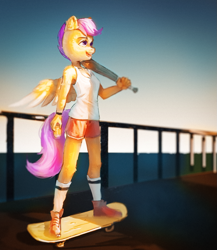 Size: 1329x1534 | Tagged: safe, artist:haku nichiya, character:scootaloo, species:anthro, species:pegasus, species:plantigrade anthro, g4, baseball bat, clothing, female, open mouth, open smile, shoes, shorts, skateboard, smiling, sneakers, socks, solo, spread wings, three quarter view, weapon, wings