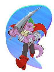 Size: 1600x2128 | Tagged: safe, artist:saturdaymorningproj, character:spike, species:anthro, species:dragon, g4, armor, boots, cape, clothing, eyebrows, gigachad spike, lance, looking at you, male, older, older spike, pants, running, shoes, simple background, solo, tail, transparent background