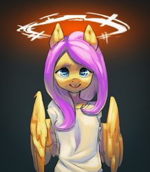 Size: 1281x1467 | Tagged: safe, artist:haku nichiya, character:fluttershy, species:anthro, species:pegasus, g4, colored eyebrows, eyebrows, female, front view, full face view, gray background, halo, looking at you, mare, open mouth, simple background, solo, wings