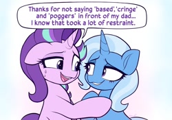 Size: 1199x840 | Tagged: safe, artist:moozua, character:starlight glimmer, character:trixie, ship:startrix, g4, dialogue, looking at each other, shipping, simple background, smiling, speech bubble, sweat, text, white background