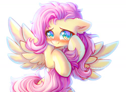 Size: 1270x935 | Tagged: safe, artist:chaosangeldesu, character:fluttershy, species:pegasus, species:pony, g4, blushing, colored pupils, cute, daaaaaaaaaaaw, female, floppy ears, looking at you, mare, shyabetes, simple background, smiling, solo, spread wings, white background, wings