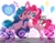 Size: 3379x2606 | Tagged: safe, artist:sweeter_sakura, character:izzy moonbow, character:pinkie pie, species:earth pony, species:pony, species:unicorn, g4, g5, bipedal, cheek squish, colored pupils, cute, cutie mark, cutie mark background, diapinkes, female, gradient hair, hi new friend, izzybetes, japanese, looking at you, mare, multicolored hair, open mouth, simple background, squishy cheeks, talking to viewer, text