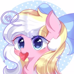 Size: 3207x3207 | Tagged: safe, artist:sweeter_sakura, oc, oc only, oc:bay breeze, species:pegasus, species:pony, g4, abstract background, blushing, bow, bust, chest fluff, cute, eyebrows, eyebrows visible through hair, female, hair bow, holding, mare, mouth hold, pegasus oc, simple background, solo, three quarter view