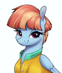 Size: 2309x2725 | Tagged: safe, artist:aquaticvibes, character:windy whistles, species:pegasus, species:pony, g4, bust, clothing, colored eyebrows, cute, eyebrows, eyebrows visible through hair, eyelashes, female, folded wings, looking at you, mare, portrait, shirt, simple background, smiling, solo, white background, windybetes, wings