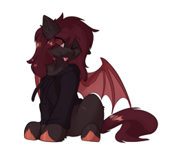 Size: 1599x1439 | Tagged: safe, artist:beardie, oc, oc only, unnamed oc, species:bat pony, species:pony, bat pony oc, bat wings, blep, clothing, colored hooves, cute, eye clipping through hair, eyebrows, eyebrows visible through hair, female, hooves, looking at you, mare, ocbetes, one eye closed, simple background, sitting, smiling, smiling at you, solo, spread wings, sweater, tongue out, transparent background, unshorn fetlocks, wings, wink, winking at you