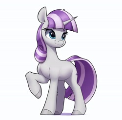 Size: 2843x2801 | Tagged: safe, artist:aquaticvibes, character:twilight velvet, species:pony, species:unicorn, g4, colored eyebrows, cute, eyelashes, female, hooves, horn, looking back, mare, one hoof raised, simple background, smiling, solo, tail, velvetbetes, white background