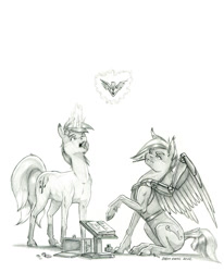 Size: 1100x1335 | Tagged: safe, artist:baron engel, patreon reward, oc, oc only, oc:courage fire, oc:starlight twist, species:pegasus, species:pony, species:unicorn, alicorn amulet, amulet, artificial wings, augmented, black and white, book, cutie mark, duo, duo female, female, females only, glowing horn, grayscale, holding, hooves, horn, jewelry, levitation, magic, mare, monochrome, mouth hold, necklace, one hoof raised, pencil, pencil drawing, prosthetic limb, prosthetic wing, prosthetics, simple background, sitting, telekinesis, this will end in tears, this will end in tears and/or death, traditional art, white background, wings