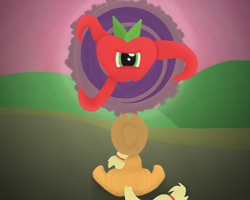 Size: 1000x800 | Tagged: safe, artist:blank_o_blanko, manebooru original, character:applejack, species:earth pony, species:pony, g4, apple, applejack's hat, clothing, cowboy hat, eldritch abomination, facing away, food, hat, hill, manechat challenge, portal, simple background, solo, stetson