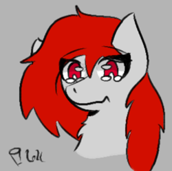 Size: 836x833 | Tagged: safe, artist:scarletdoodle, oc, oc only, oc:scarlet breeze, species:pony, g4, among us, chest fluff, crossover, cute, eyebrows, eyebrows visible through hair, gray background, meme, signature, simple background, solo