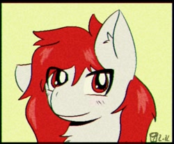 Size: 1032x855 | Tagged: safe, artist:scarletdoodle, oc, oc only, oc:scarlet breeze, species:pony, g4, anime, bust, cute, ear down, ear fluff, eye clipping through hair, looking at you, male, ocbetes, portrait, red eyes, red mane, signature, simple background, smiling, solo, stallion, yellow background