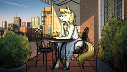 Size: 3840x2160 | Tagged: safe, artist:apocheck13, character:aunt orange, species:anthro, species:earth pony, species:pony, species:unguligrade anthro, g4, aircraft, beauty mark, chair, city, cityscape, clothing, coffee, coffee cup, contrail, cup, drink, explicit source, female, hand on chin, lidded eyes, manehattan, mare, morning, morning ponies, nightgown, skyscraper, smiling, solo, steam, table, tail