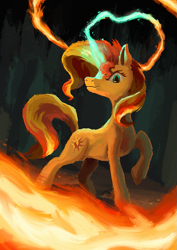 Size: 763x1080 | Tagged: safe, artist:plainoasis, character:sunset shimmer, species:pony, species:unicorn, g4, my little pony:equestria girls, cutie mark, eyelashes, female, fire, glowing horn, horn, magic, mare, smirk, solo, tail