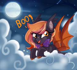 Size: 3057x2811 | Tagged: safe, artist:spookyle, oc, oc only, oc:harvest moon, species:bat pony, species:pony, bat pony oc, cloud, colored hooves, cute, dialogue, female, freckles, hooves, looking at you, mare, moon, night, night sky, ocbetes, on a cloud, signature, sky, solo, text, three quarter view, unshorn fetlocks