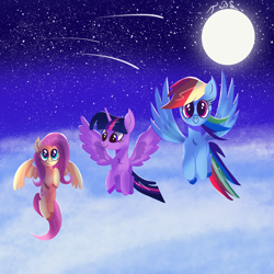 Size: 3000x3000 | Tagged: safe, artist:thebigstuff89, character:fluttershy, character:rainbow dash, character:twilight sparkle, character:twilight sparkle (alicorn), species:alicorn, species:pegasus, species:pony, g4, cloud, colored hooves, female, flying, front view, full face view, hooves, looking at you, mare, moon, night, night sky, shooting star, sky, spread wings, starry night, stars, three quarter view, unshorn fetlocks, wings