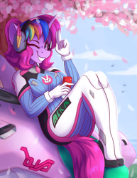 Size: 1700x2200 | Tagged: safe, artist:shadowreindeer, oc, oc only, oc:techy twinkle, species:anthro, species:unicorn, g4, anthro oc, cellphone, cherry blossoms, clothing, commission, cosplay, costume, crossover, d.va, female, flower, flower blossom, grin, looking at you, mare, one eye closed, overwatch, phone, smiling, solo, three quarter view, two fingered salute, unicorn oc, video game, wink, winking at you, ych result