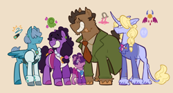 Size: 1280x692 | Tagged: safe, artist:bag-chips, species:classical unicorn, species:earth pony, species:pegasus, species:pony, species:unicorn, ace attorney, bandage, bandaid, cheek fluff, clothing, cloven hooves, crossover, detective, dick gumshoe, franziska von karma, glasses, kristoph gavin, leonine tail, maya fey, necktie, pearl fey, ponified, species swap, suit, unshorn fetlocks, video game