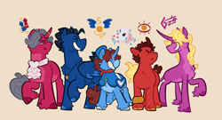 Size: 1280x692 | Tagged: safe, artist:bag-chips, species:earth pony, species:pegasus, species:pony, species:unicorn, ace attorney, apollo justice, bracelet, cheek fluff, chest fluff, clothing, crossover, ear piercing, earring, glasses, horn, horn jewelry, horn ring, jewelry, klavier gavin, leg fluff, magician outfit, miles edgeworth, necklace, phoenix wright, piercing, ponified, ring, species swap, trucy wright, unshorn fetlocks, video game