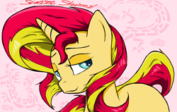 Size: 1278x814 | Tagged: safe, artist:sallycars, character:sunset shimmer, species:pony, species:unicorn, g4, my little pony:equestria girls, cute, digital art, eyebrows, female, lidded eyes, looking at you, mare, ms paint, simple background, smiling, solo, text, three quarter view