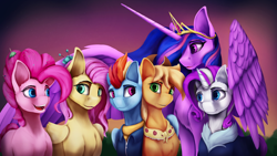 Size: 3840x2160 | Tagged: safe, artist:tenebrisnoctus, character:applejack, character:fluttershy, character:pinkie pie, character:rainbow dash, character:rarity, character:twilight sparkle, character:twilight sparkle (alicorn), species:alicorn, species:earth pony, species:pegasus, species:pony, species:unicorn, episode:the last problem, g4, my little pony: friendship is magic, crown, female, hair over one eye, jewelry, looking at each other, mane six, mare, older, older applejack, older fluttershy, older pinkie pie, older rainbow dash, older rarity, older twilight, princess twilight, princess twilight 2.0, regalia, three quarter view, wings