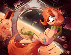 Size: 2820x2206 | Tagged: safe, artist:nevobaster, oc, oc only, oc:rusty gears, species:earth pony, species:pony, clothing, cutie mark, eyelashes, female, freckles, mare, planet, scarf, socks, solo, space, space station, stars, striped socks