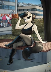 Size: 2896x4096 | Tagged: safe, artist:apocheck13, oc, oc only, oc:elya, species:anthro, species:earth pony, species:pony, boots, breasts, building, cityscape, cleavage, clothing, crop top, day, eyebrows, eyelashes, female, hand, hand on head, high heel boots, high heels, looking at you, mare, mountain, outdoors, pantyhose, shoes, shorts, sitting, smiling, solo focus, umbrella