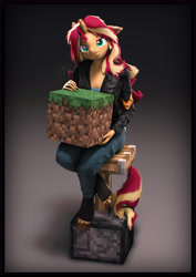 Size: 4000x5656 | Tagged: safe, artist:imafutureguitarhero, character:sunset shimmer, species:anthro, species:classical unicorn, species:unguligrade anthro, g4, my little pony:equestria girls, 3d, boots, clothing, cloven hooves, colored eyebrows, crossover, explicit source, gray background, hooves, horn, jacket, jeans, leather jacket, leonine tail, looking at you, minecraft, minecraft block, pants, scrunchy face, shirt, shoes, simple background, source filmmaker, touch grass, video game
