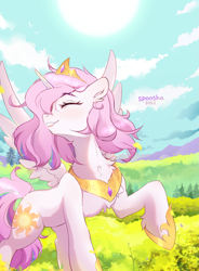 Size: 1927x2618 | Tagged: safe, artist:spoosha, character:princess celestia, species:alicorn, species:pony, g4, alternate hair color, cewestia, chest fluff, clothing, crown, cute, cutelestia, ear fluff, eyes closed, female, filly, filly celestia, hoof shoes, jewelry, necklace, peytral, pink-mane celestia, raised hoof, regalia, shoes, signature, smiling, spread wings, wings, young celestia, younger
