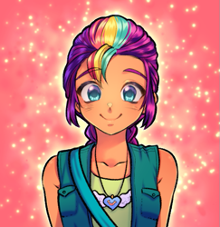 Size: 587x605 | Tagged: safe, artist:rileyav, character:sunny starscout, species:eqg human, species:human, g4, g5, my little pony:equestria girls, abstract background, colored eyebrows, colored pupils, cute, equestria girls-ified, eyebrows, eyebrows visible through hair, female, front view, full face view, g5 to equestria girls, generation leap, jewelry, necklace, smiling, solo, species swap, sunnybetes