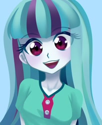 Size: 884x1080 | Tagged: safe, artist:rileyav, character:sonata dusk, species:eqg human, species:human, g4, my little pony:equestria girls, blouse, blue background, clothing, cute, eye clipping through hair, eyebrows, eyebrows visible through hair, female, front view, full face view, happy, looking at you, open mouth, open smile, shirt, simple background, smiling, smiling at you, solo, sonatabetes