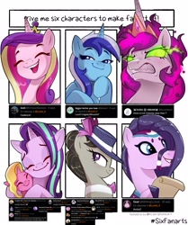 Size: 2094x2500 | Tagged: safe, artist:lummh, character:amira, character:luster dawn, character:minuette, character:octavia melody, character:princess cadance, character:princess celestia, character:starlight glimmer, species:alicorn, species:earth pony, species:pony, species:unicorn, g4, amirabetes, bridle, clothing, crown, cute, daughter, eyebrows, eyelashes, eyes closed, female, females only, glimmerbetes, gritted teeth, hat, horn, hug, jewelry, lidded eyes, luster dawn is starlight's and sunburst's daughter, lusterbetes, mare, mother, mother and child, mother and daughter, open mouth, parent and child, regalia, six fanarts, smiling, smug, sombra eyes, tack