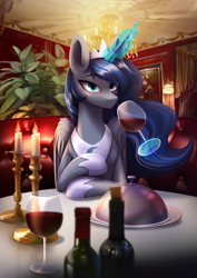 Size: 1447x2039 | Tagged: safe, artist:glumarkoj, character:princess luna, species:alicorn, species:pony, g4, alcohol, blushing, bottle, candle, chest fluff, clothing, crown, dinner, drink, female, glowing horn, hoof shoes, horn, jewelry, looking at you, magic, magic aura, mare, necklace, offscreen character, peytral, pov, regalia, restaurant, shoes, solo, telekinesis, three quarter view, wine, wine bottle, wineglass