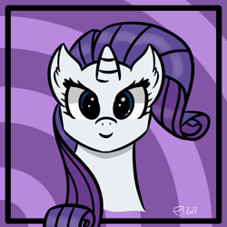 Size: 569x569 | Tagged: safe, artist:scarletdoodle, character:rarity, species:pony, species:unicorn, g4, abstract background, bust, female, front view, full face view, looking at you, mare, signature, simple background, smiling, solo