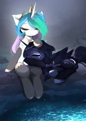 Size: 2903x4096 | Tagged: safe, artist:magnaluna, character:princess celestia, character:princess luna, species:alicorn, species:pony, g4, clothing, cute, duo, eyes closed, female, high res, lunabetes, mare, peaceful, siblings, sisters, sitting, sleeping, socks, water