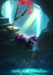Size: 2670x3777 | Tagged: safe, artist:magnaluna, character:twilight sparkle, character:twilight sparkle (unicorn), species:pony, species:unicorn, g4, bag, bending, book, cave, clothing, female, flower, light rays, mare, reaching, saddle bag, scarf, scenery, socks, solo, stairs, tree