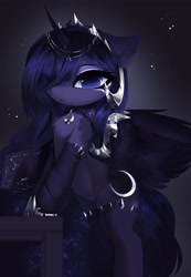 Size: 2840x4096 | Tagged: safe, artist:magnaluna, character:princess luna, species:alicorn, species:pony, g4, armor, bipedal, bipedal leaning, clothing, colored pupils, female, gradient background, hair over one eye, hoof shoes, jewelry, leaning, looking at you, mare, necklace, regalia, shoes, simple background, socks, solo, stockings, thigh highs, three quarter view, wing armor, wings