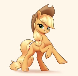Size: 2964x2910 | Tagged: safe, artist:aquaticvibes, character:applejack, species:earth pony, species:pony, g4, applejack's hat, clothing, colored eyebrows, cowboy hat, cute, eyelashes, female, hat, jackabetes, looking at you, looking sideways at you, mare, ponytail, rearing, simple background, smiling, solo, stetson, tail