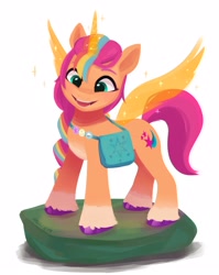 Size: 2413x3037 | Tagged: safe, alternate version, artist:maren, character:sunny starscout, species:alicorn, species:earth pony, species:pony, g5, braid, coat markings, colored eyebrows, cute, cutie mark, female, horn, mare, open mouth, satchel, simple background, solo, sunny's buttons, sunnybetes, transparent wings, unshorn fetlocks, white background