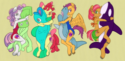 Size: 2250x1111 | Tagged: safe, alternate version, artist:sepiakeys, character:apple bloom, character:babs seed, character:scootaloo, character:sweetie belle, species:anthro, species:earth pony, species:pegasus, species:pony, species:unguligrade anthro, species:unicorn, g4, alternate hairstyle, apple family member, bikini, blue swimsuit, clothing, colored, cutie mark, cutie mark crusaders, ear fluff, explicit source, giant plushie, giant squid, green swimsuit, hug, older, older apple bloom, older babs seed, older scootaloo, older sweetie belle, one-piece swimsuit, orca, plushie, red swimsuit, shorts, simple background, spread wings, swimsuit, the cmc's cutie marks, toy, wings