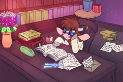 Size: 1800x1200 | Tagged: safe, artist:redahfuhrerking, character:arizona cow, species:cow, them's fightin' herds, book, bookshelf, desk, eyebrows, eyebrows visible through hair, eyelashes, female, glasses, horns, library, reading, solo, studying