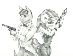 Size: 1400x1078 | Tagged: safe, artist:baron engel, character:rarity, species:anthro, species:earth pony, species:pony, species:unicorn, g4, belt, black and white, bow tie, breasts, cleavage, clothing, dress, duo, duo male and female, female, grayscale, gun, jacket, james bond, jewelry, looking at each other, looking sideways, male, mare, monochrome, necklace, pants, pearl necklace, pencil drawing, pistol, sean connery, simple background, spy, stallion, suit, suppressor, traditional art, traditional drawing, trigger discipline, tuxedo, walther p5, walther ppk, weapon, white background