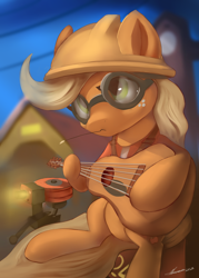 Size: 3000x4200 | Tagged: safe, artist:auroriia, character:applejack, species:earth pony, species:pony, g4, crossover, engineer, female, freckles, guitar, helmet, high res, mare, musical instrument, sentry, sentry gun, signature, sitting, solo, team fortress 2, valve, video game, video game crossover