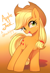 Size: 2317x3417 | Tagged: safe, artist:maren, character:applejack, species:earth pony, species:pony, g4, applejack's hat, clothing, cowboy hat, cute, female, gift art, gradient background, hat, high res, jackabetes, leaning, looking at you, mare, open mouth, signature, simple background, solo, stetson, text