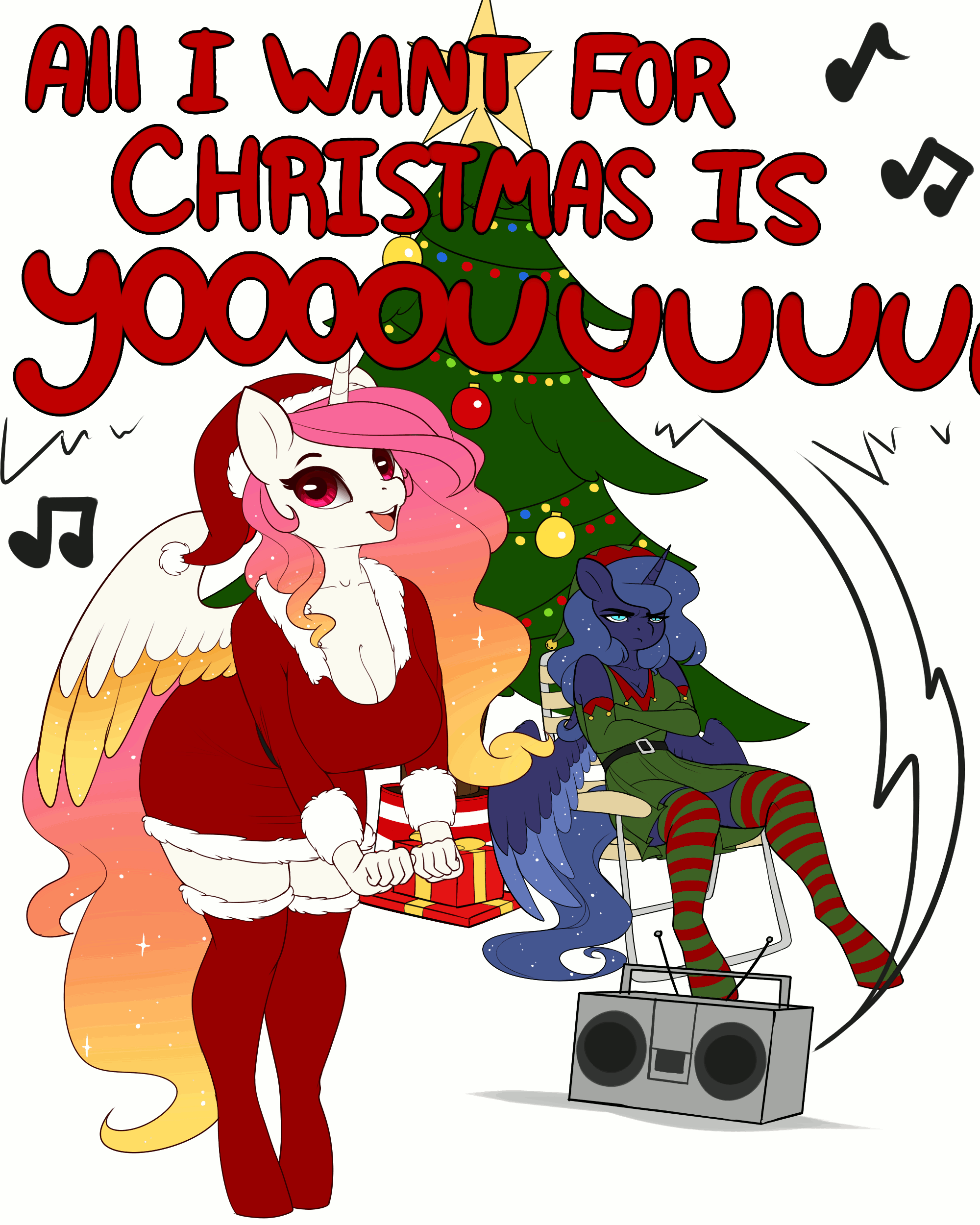 Size: 2000x2500 | Tagged: safe, artist:evehly, character:princess celestia, character:princess luna, species:alicorn, species:anthro, species:unguligrade anthro, g4, adorasexy, all i want for christmas is you, animated, annoyed, arm boob squeeze, big breasts, breasts, busty princess celestia, busty princess luna, caption, chair, christmas, christmas ornament, cleavage, clothing, colored wings, costume, crossed arms, cute, cutelestia, dancing, decoration, duo, elf costume, evening gloves, female, gif, gif with captions, gloves, hat, holiday, kneesocks, lawn chair, long gloves, looking at you, luna is not amused, mare, mariah carey, multicolored wings, music, ornament, pouting, present, radio, royal sisters, santa costume, santa hat, sexy, siblings, sillestia, silly, singing, sisters, sitting, socks, striped socks, text, two toned wings, unamused, wings, zettai ryouiki