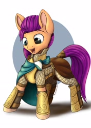Size: 2480x3508 | Tagged: safe, artist:dbcreativearts, character:sunny starscout, species:earth pony, species:pony, g5, abstract background, armor, brooch, cape, clothing, colored eyebrows, cute, eyebrows, female, happy, jewelry, mare, medieval, open mouth, signature, simple background, solo, sunnybetes, three quarter view