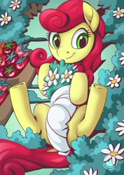 Size: 955x1351 | Tagged: safe, alternate version, artist:mysticalpha, character:strawberry sunrise, species:pegasus, species:pony, g4, dock, explicit source, eyelashes, female, flower, legs, looking at you, lying down, mare, on back, sheet, smiling, solo, spread legs, strategically covered, strawberries, strawwberry sunrise, tail
