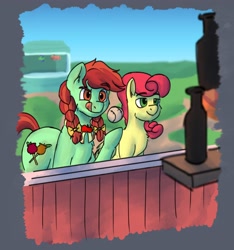 Size: 3000x3200 | Tagged: safe, artist:applejackoat, character:candy apples, character:strawberry sunrise, species:earth pony, species:pegasus, species:pony, g4, apple family member, ball, baseball, bottle, braided pigtails, cutie mark, duo, duo female, eyebrows, eyebrows visible through hair, fair, female, females only, mare, tongue out, toy